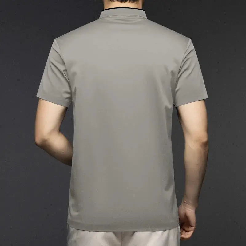 Men's gray short-sleeve polo shirt with stand-up collar, back view.