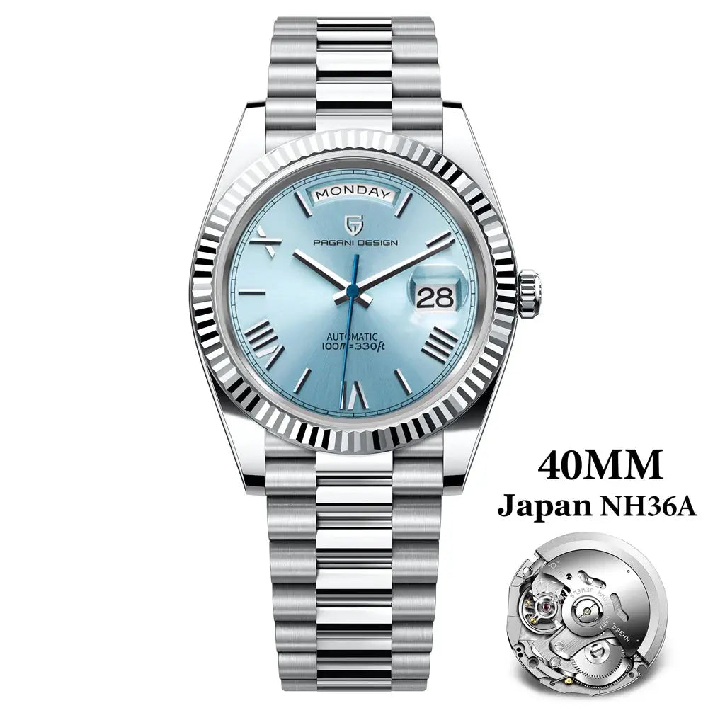 PAGANI DESIGN men's stainless steel automatic watch with blue dial and day-date display, 40mm case.