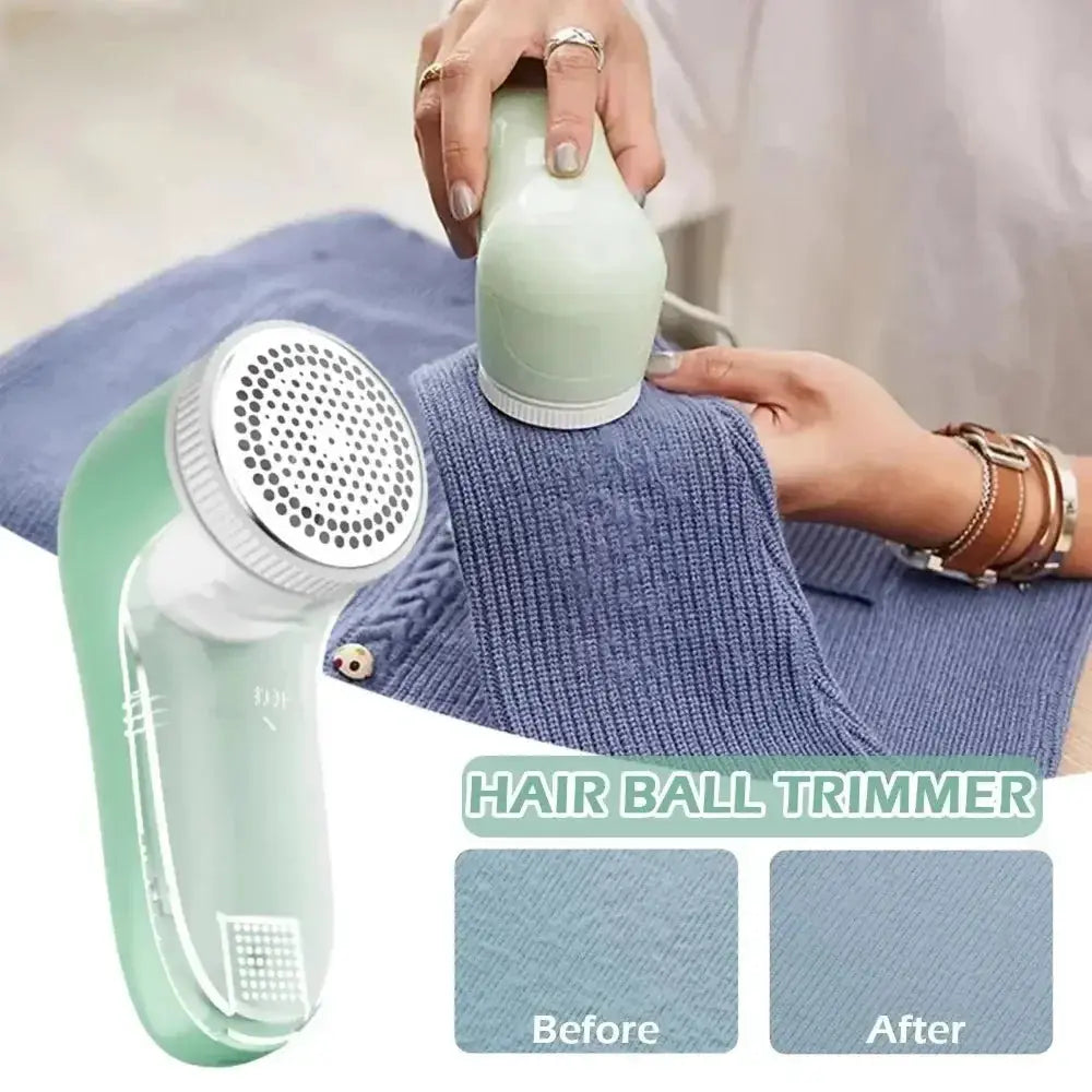 Electric lint remover for clothes; Simples Market mint green handheld pet hair roller removing hair from blue knit