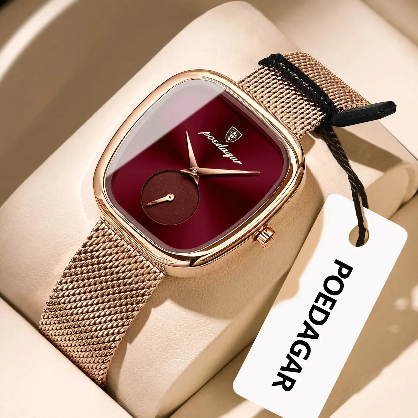 POEDAGAR women's luxury watch with rose-gold stainless steel mesh band and burgundy dial quartz movement