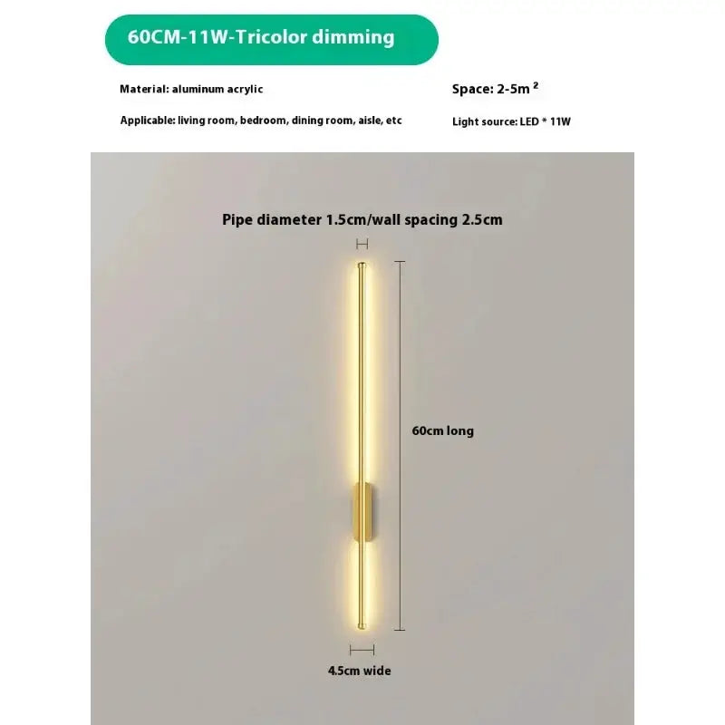 Simples Market USB rechargeable LED wall lamp, 60cm long aluminum acrylic with tricolor dimming warm white glow