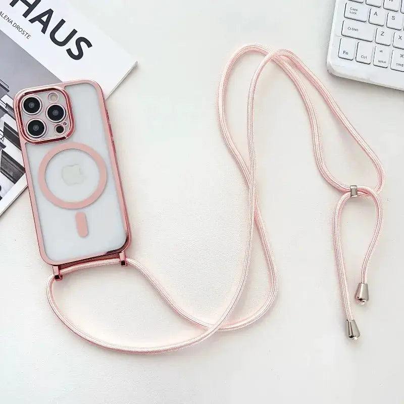 Crossbody lanyard phone case for iPhone with pink braided cord and magnetic frame; Simples Market