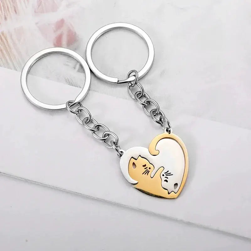Heart Shaped Cat Yin Yang Stainless Steel Keychain Set For Couples And Best Friends