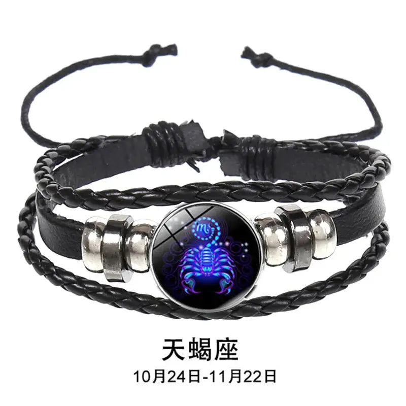 12 Constellation Zodiac Sign Luminous Charm Leather Wrap Bracelet Multilayer Vintage Unisex Bangle