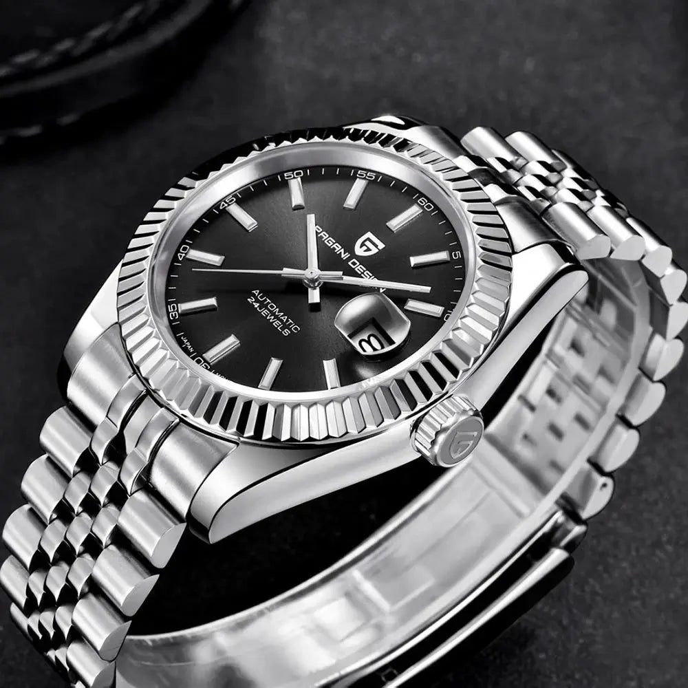 PAGANI DESIGN men's luxury automatic watch with jubilee bracelet, black dial, date window