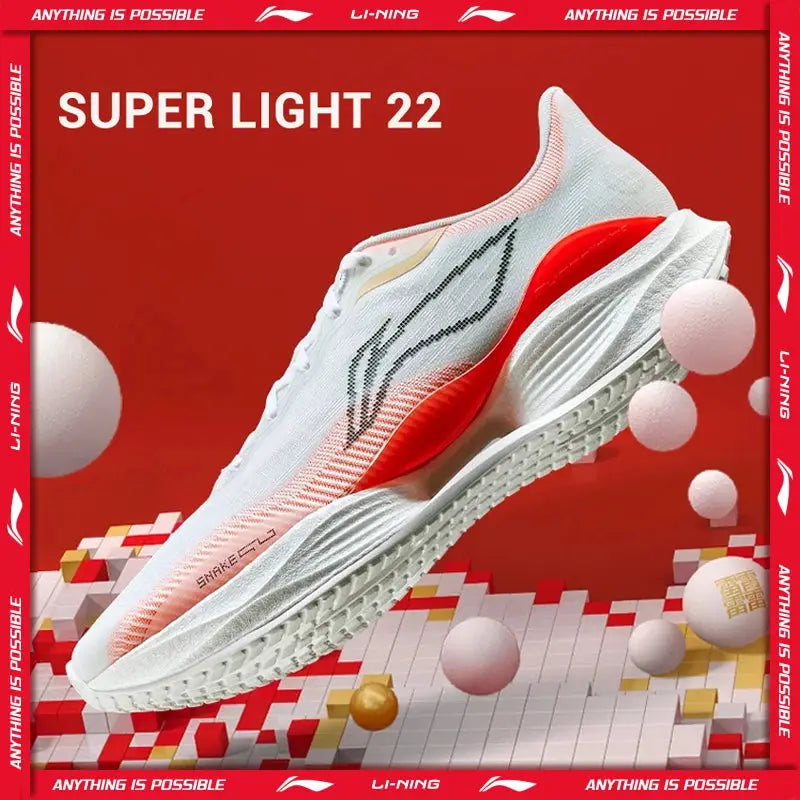 Li-Ning Super Light 22 running shoe, white knit upper with orange midsole and grey logo, single sneaker