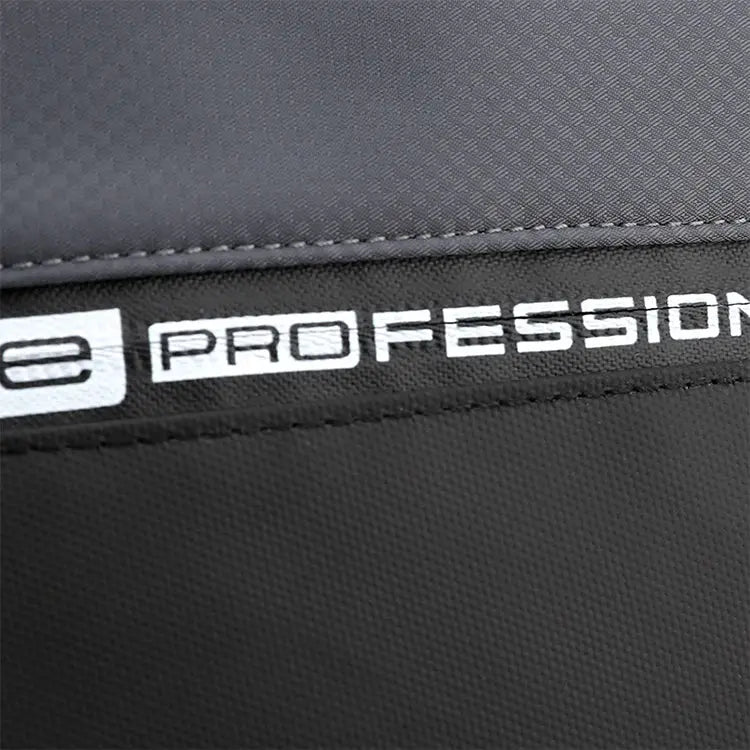 Men's black crossbody bag with adjustable strap; close-up shows textured fabric and visible logo.