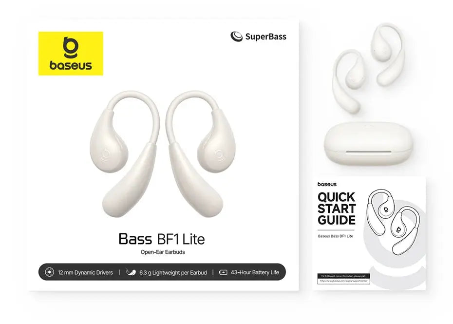 Baseus BF1 Lite open-ear sport wireless earphones with earhooks, white; pair with charging case and quick-start guide