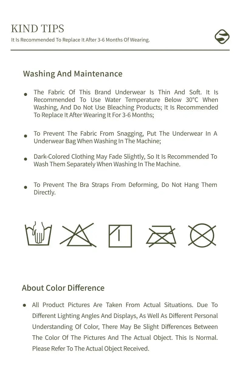 SUJIIN wireless bra care guide by Simples Market; washing tips and maintenance icons
