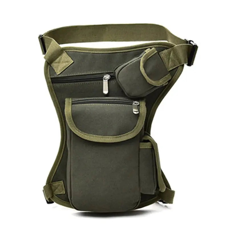Men's olive green canvas drop-waist fanny pack with multiple zip pockets and belt strap.