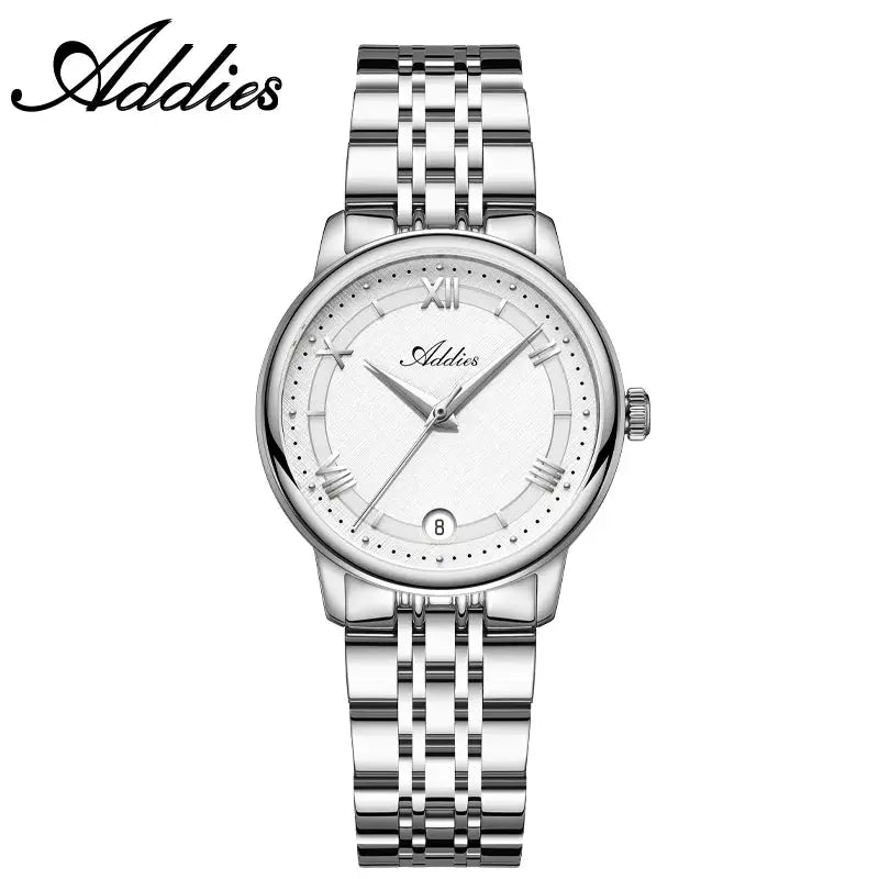 Addies women's luxury stainless steel wristwatch with white dial, Roman numerals, date window, 31mm, sapphire glass