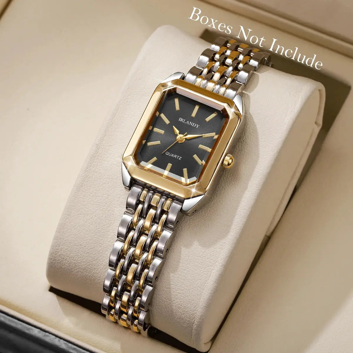 Rectangular two-tone women’s quartz wristwatch with gold bezel and steel bracelet, IRLANDY