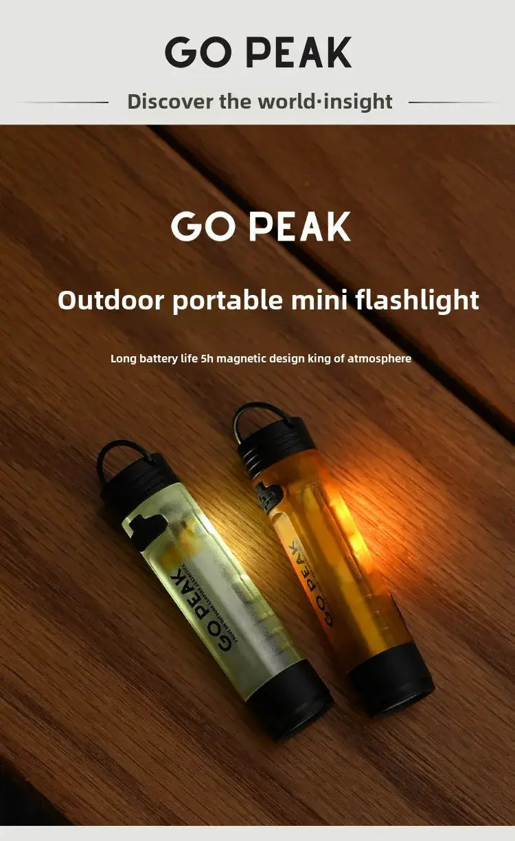 Go Peak mini pocket LED flashlights, two, yellow and green translucent bodies with black caps and lanyards
