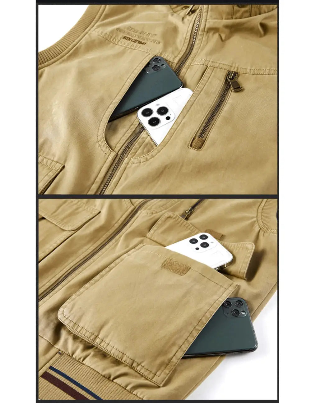 Autumn Winter men's cotton vest in tan with multiple pockets and zippered chest pocket.