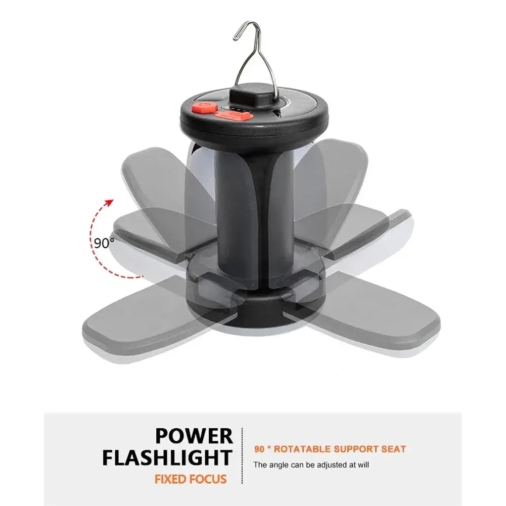 Outdoor LED leaf camping lamp by Simples Market with hanging hook, USB rechargeable, solar powered, rotatable 90°