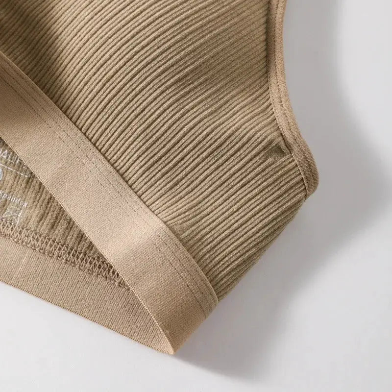 Women's ribbed hollow-out bralette wireless padded bra in beige with thin straps