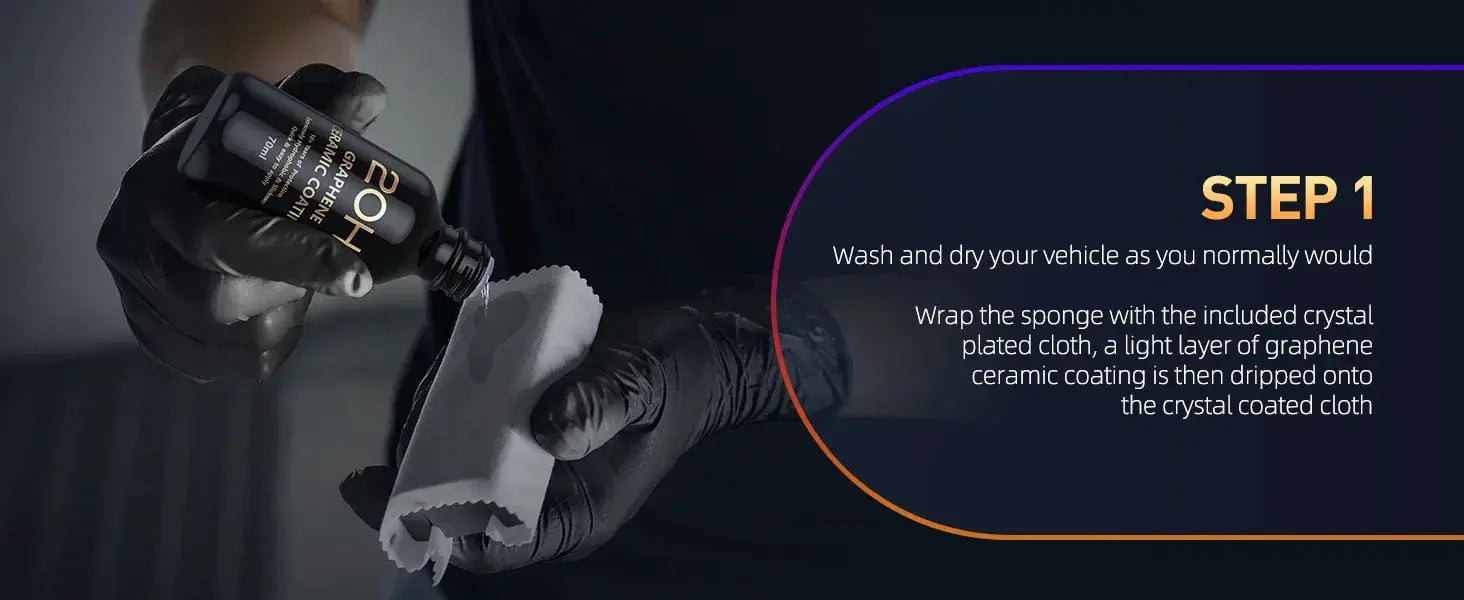Graphene ceramic coating by Simples Market applied with microfiber cloth by gloved hands (Step 1)