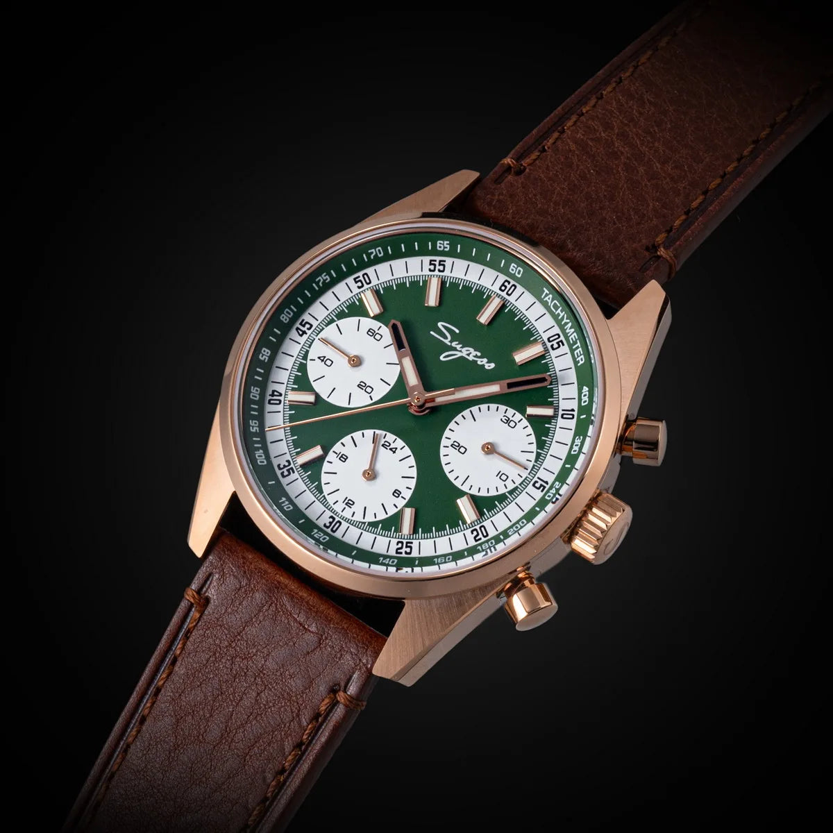 Sugess men's chronograph watch, 38mm rose-gold case, green dial with white subdials, brown strap, tachymeter bezel