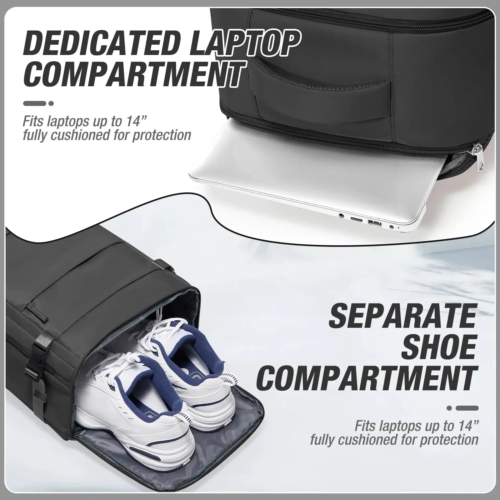 Simples Market black waterproof laptop backpack with dedicated laptop compartment and separate shoe compartment