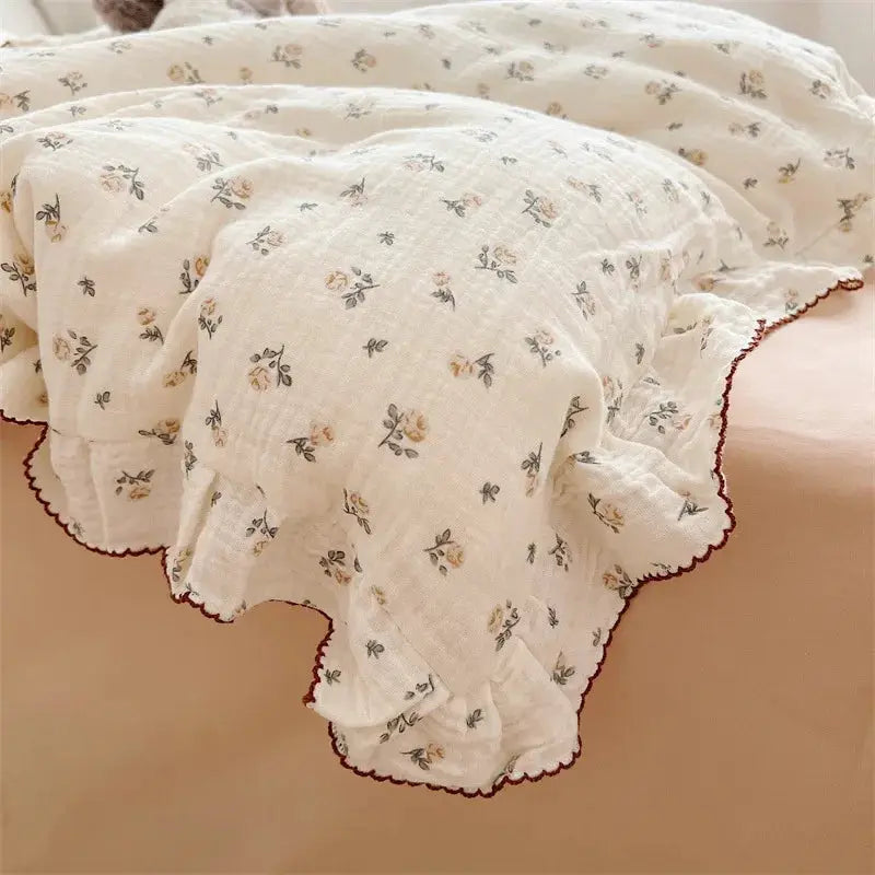 Duvet cover set by Simples Market, floral gauze 100% cotton with cream background and ruffle-edge trim, 3pc