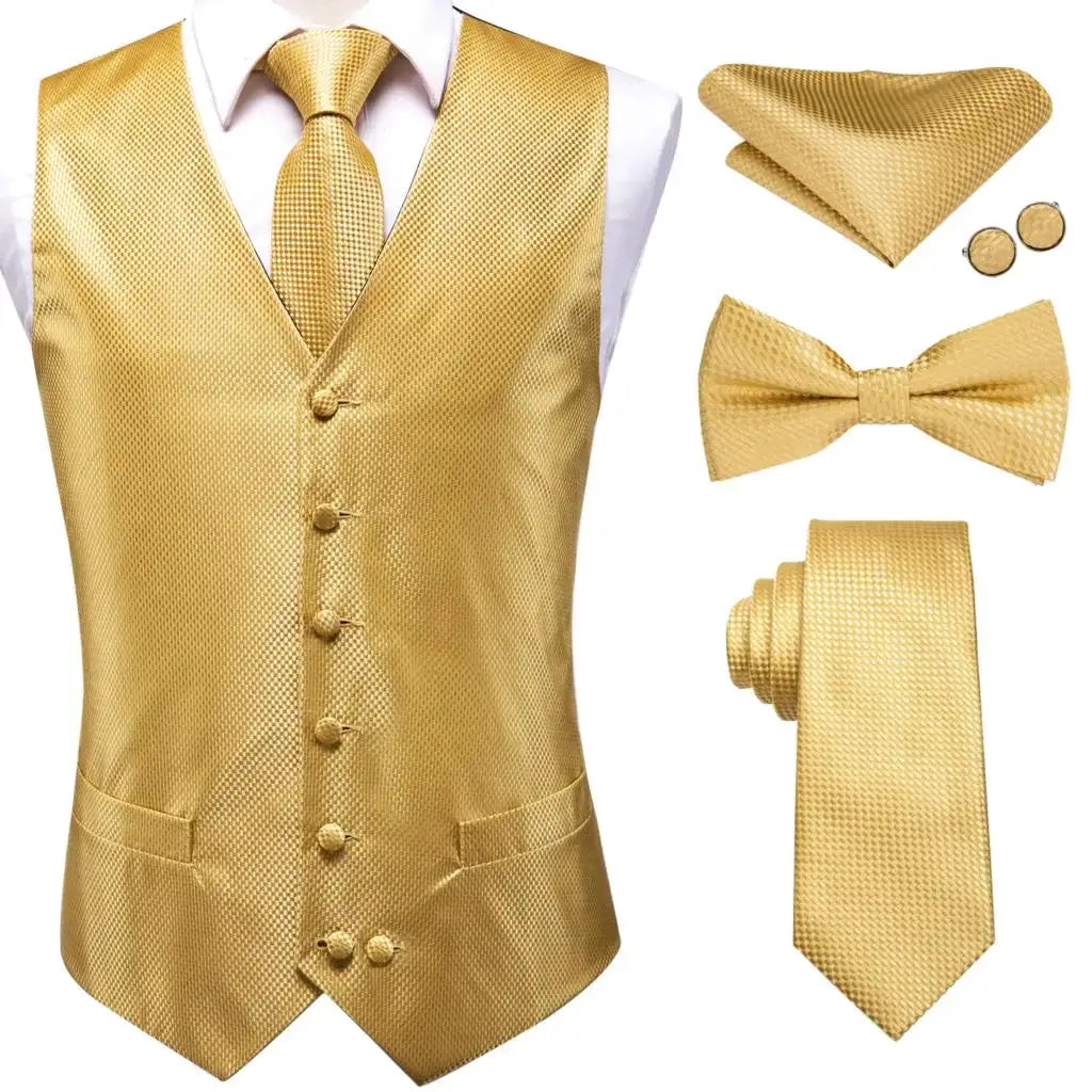 Gold waistcoat set of 5 with vest, necktie, bow tie, pocket square and cufflinks by Simples Market
