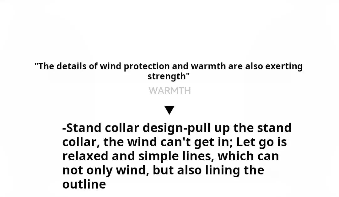 Maden Winter men's stand-up collar down jacket by Simples Market; white promotional slide with wind protection and warmth text.