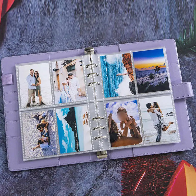 Purple PU leather A5 photocard binder with 6 rings and 4-pocket photo sleeves, displaying 8 photos