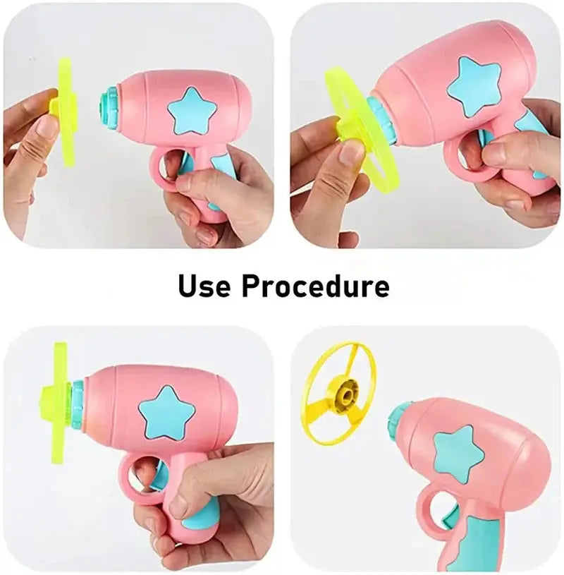 Simples Market pink plastic cat toy interactive launch gun with blue star accents and neon yellow disc