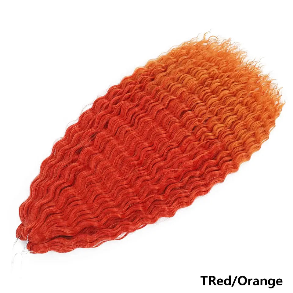 Crochet hair extension bundle in synthetic Ariel Curls water-wave twist, red to orange ombre