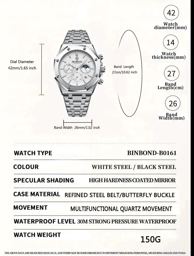 Mens Luxury Quartz Wristwatch With Stainless Steel Band Waterproof Luminous Hands Date For Professional Business Attire