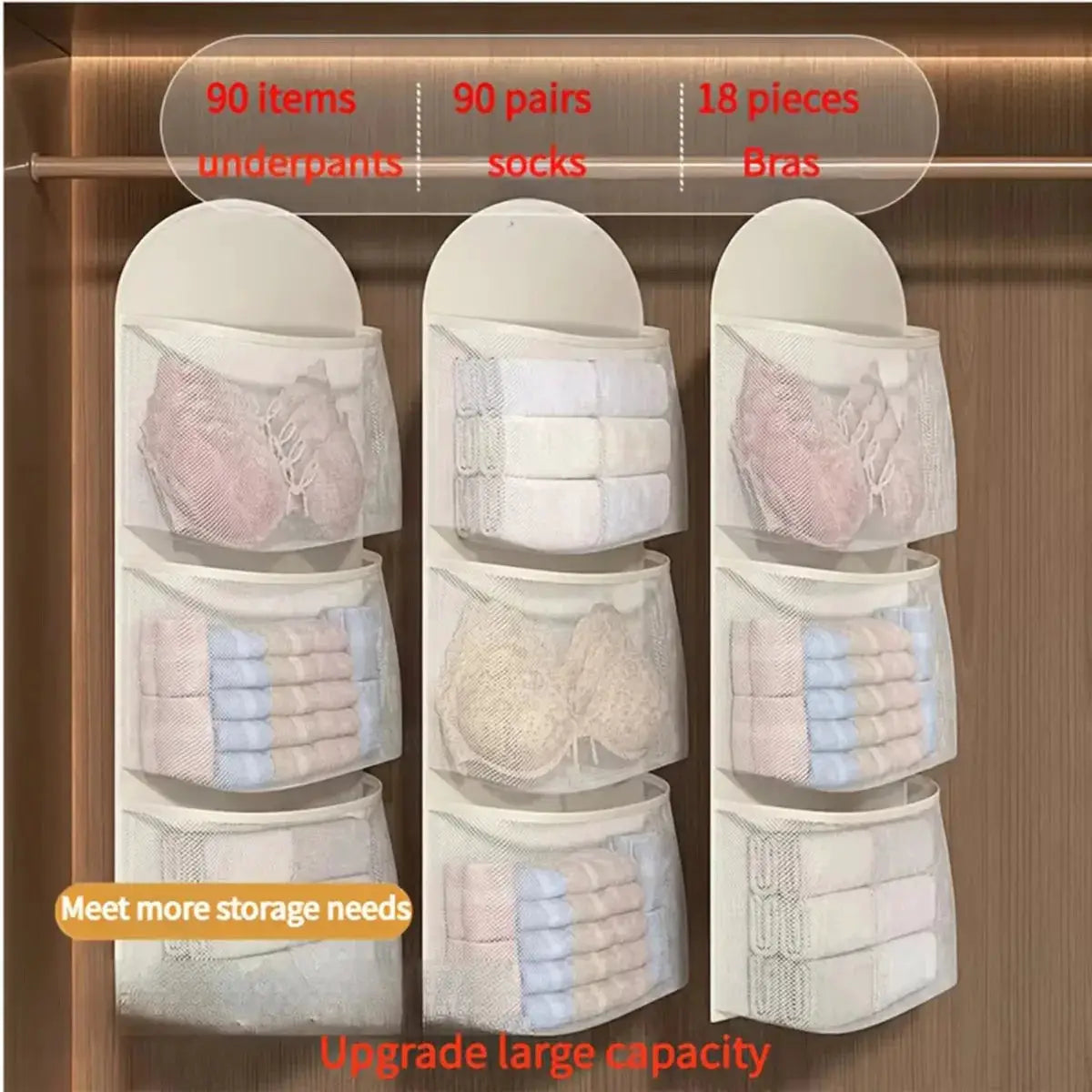 White mesh hanging storage bags, 3-pack for underwear and socks in wardrobe organizers