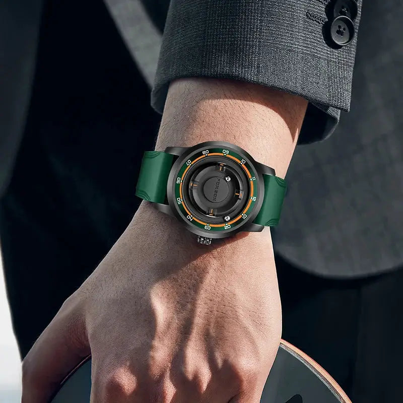 FOXBOX green silicone men's wristwatch with black case and orange accents on dial