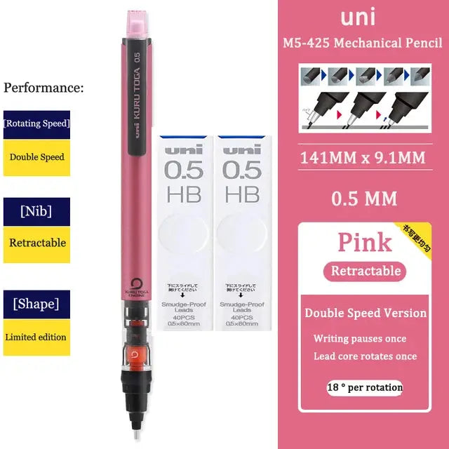 UNI Kurutoga pink 0.5mm mechanical pencil with rotating lead; includes two HB 0.5mm lead boxes