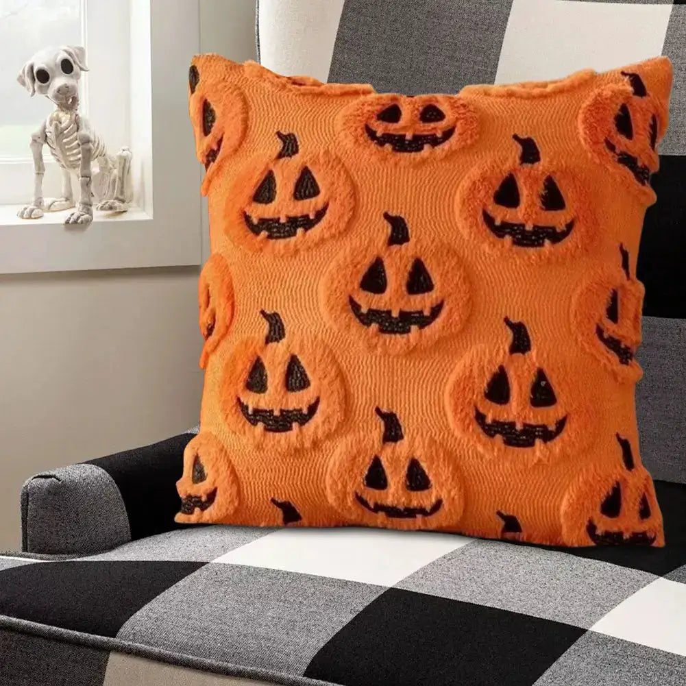 Halloween pumpkin-pattern pillow cover, orange plush faux-wool, 45x45 cm decorative cushion for sofa