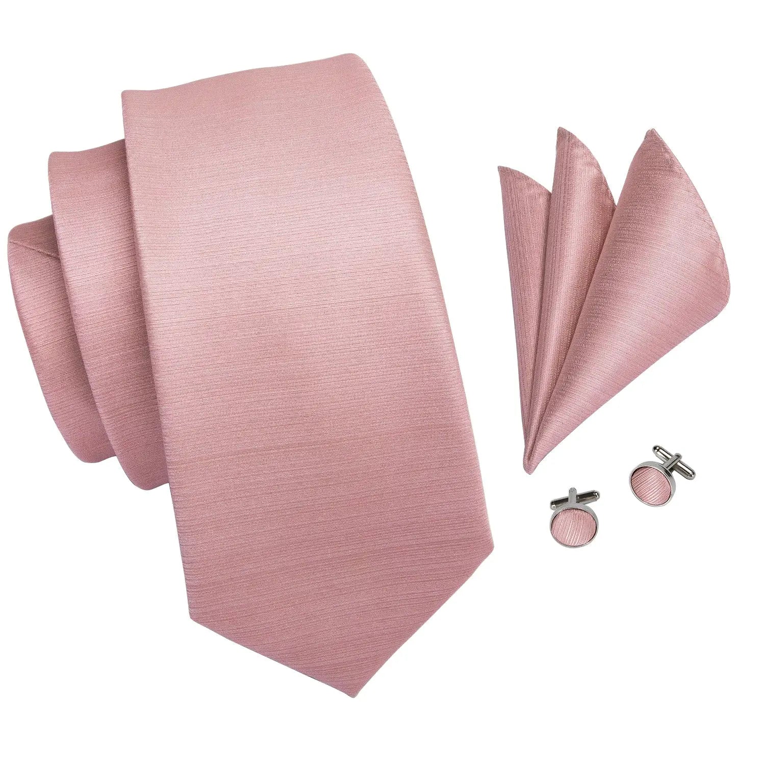 3-piece pink men's tie set by Simples Market with pocket square and round cufflinks for wedding or office wear