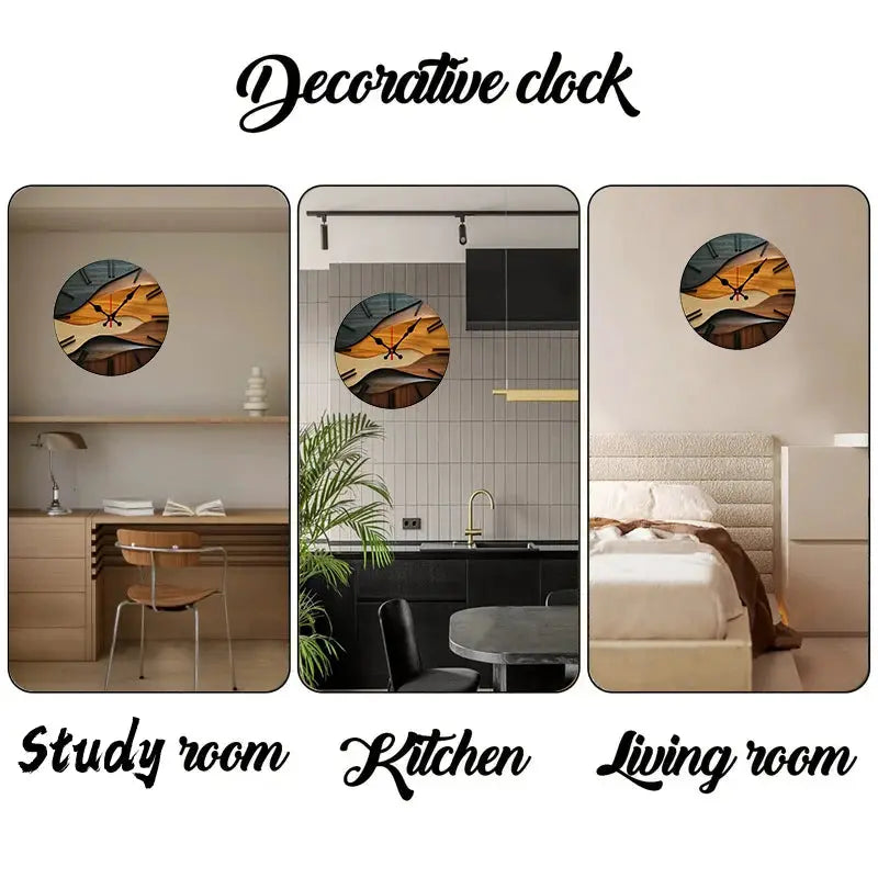 Decorative 2D flat Nordic round fiberboard wall clock, silent; shown in study, kitchen, and living room
