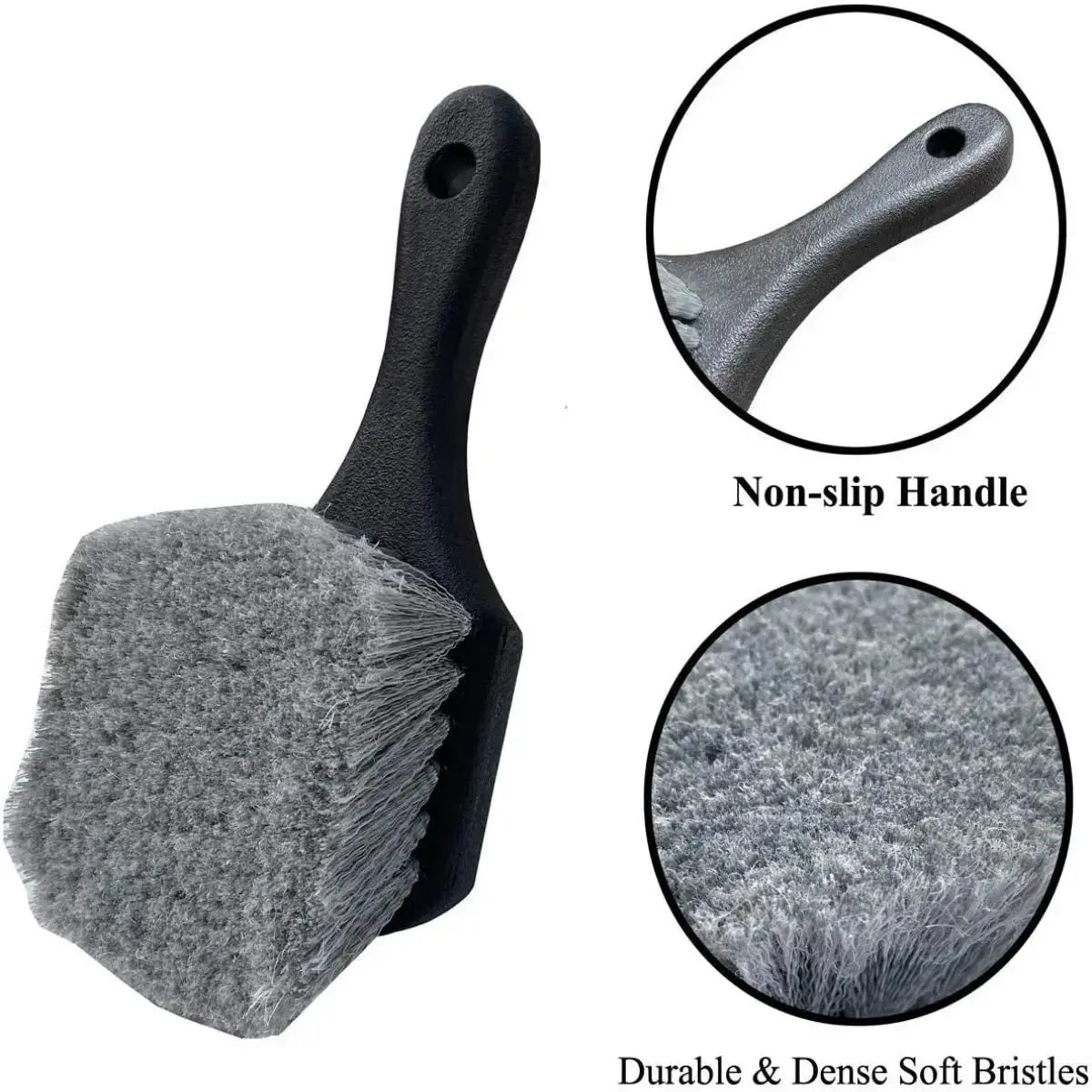 Car wheel cleaning brush with short black non-slip handle and dense gray bristles by Simples Market