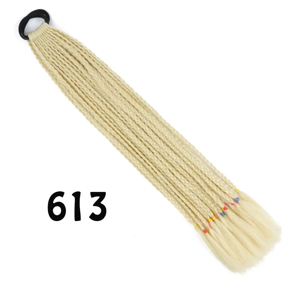 Synthetic gradient braided ponytail extension with elastic band, 24in, blonde 613 with colorful bead accents