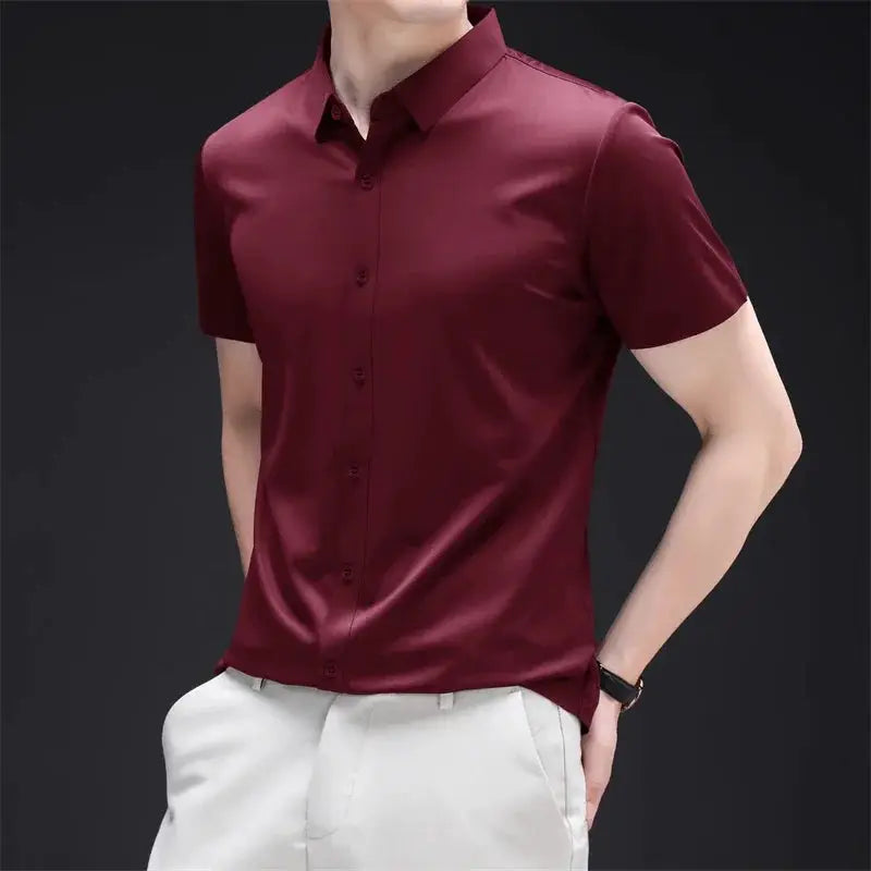 Mens Business Casual Short Sleeved Solid Color Shirt Wrinkle Resistant Wrinkle Free Comfortable All Season Versatile Top