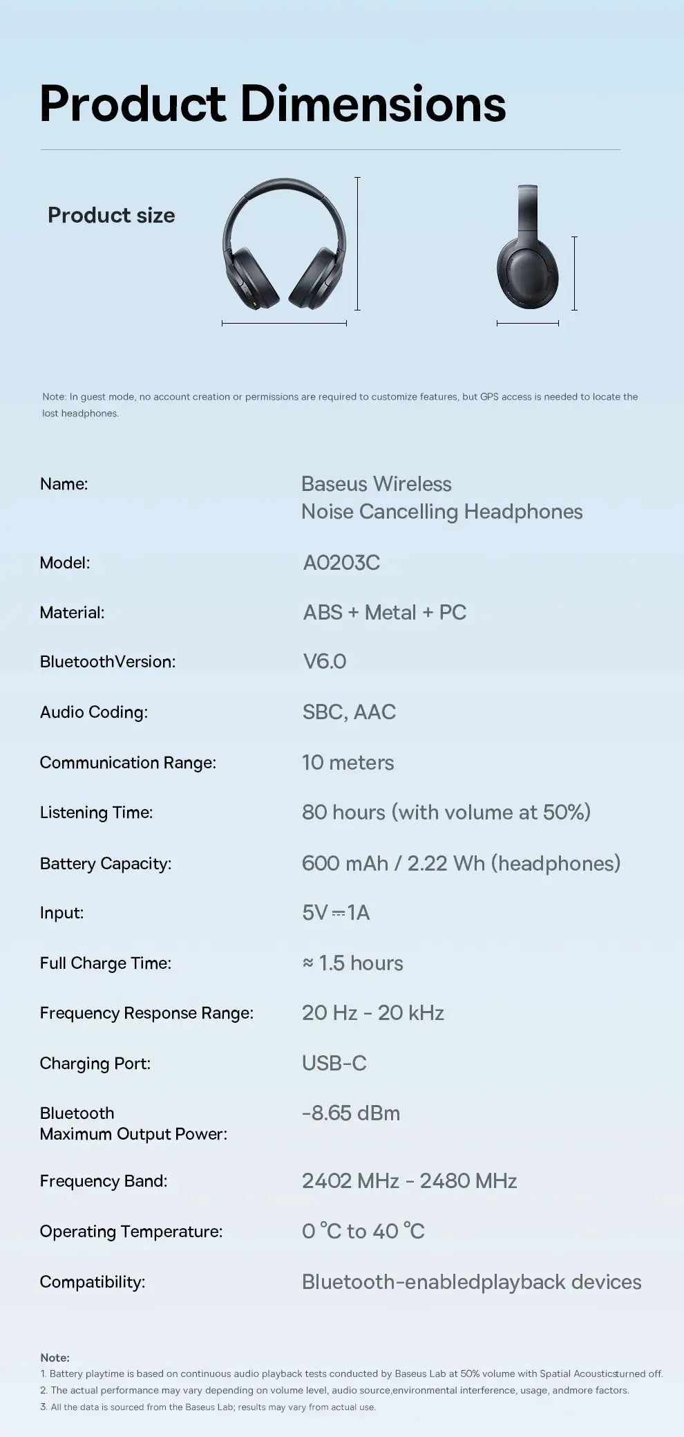 Baseus Wireless Noise Cancelling Headphones AO203C – black over-ear with dimensions diagram