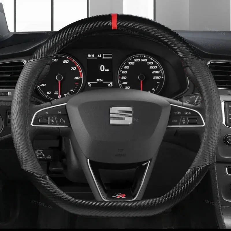 Carbon fiber steering wheel cover for Seat Leon 5F Mk3, Ibiza 6J, Tarraco, Arona, Ateca, Alhambra — Simples Market