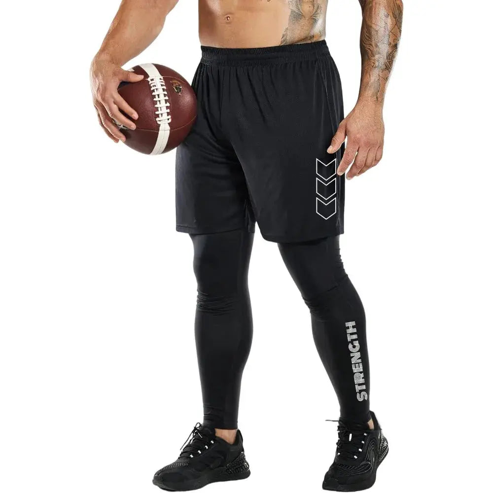 Men's 2-in-1 compression sport pants with black shorts over leggings; white chevrons and STRENGTH on leg