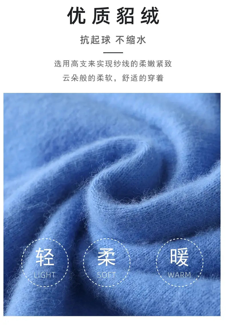Men's mink cashmere blue O-neck sweater by Simples Market, knit close-up showing soft warmth