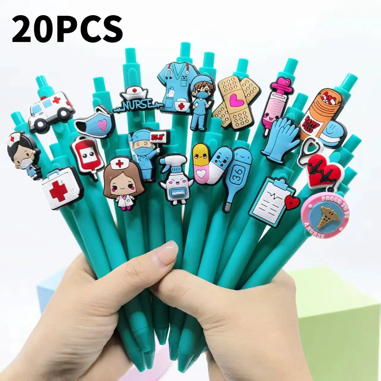 Simples Market nurse-themed medical pens set, 20–30 teal ballpoint pens with cartoon medical charms