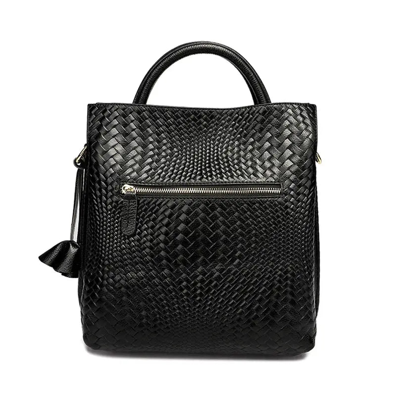 Handbag: black woven cowhide with top handle and back zipper pocket