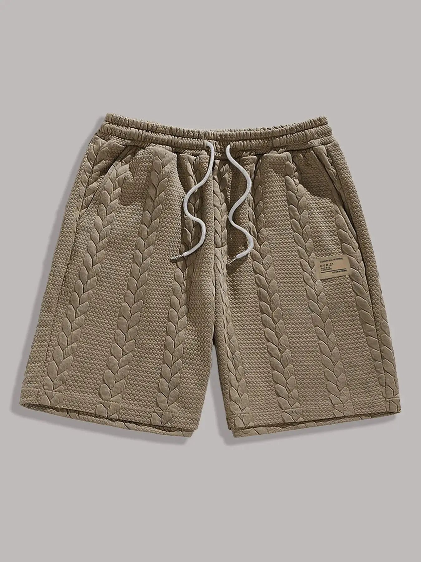Simples Market men's beige quilted shorts with braided stripe pattern and white drawstring, 5-inch length