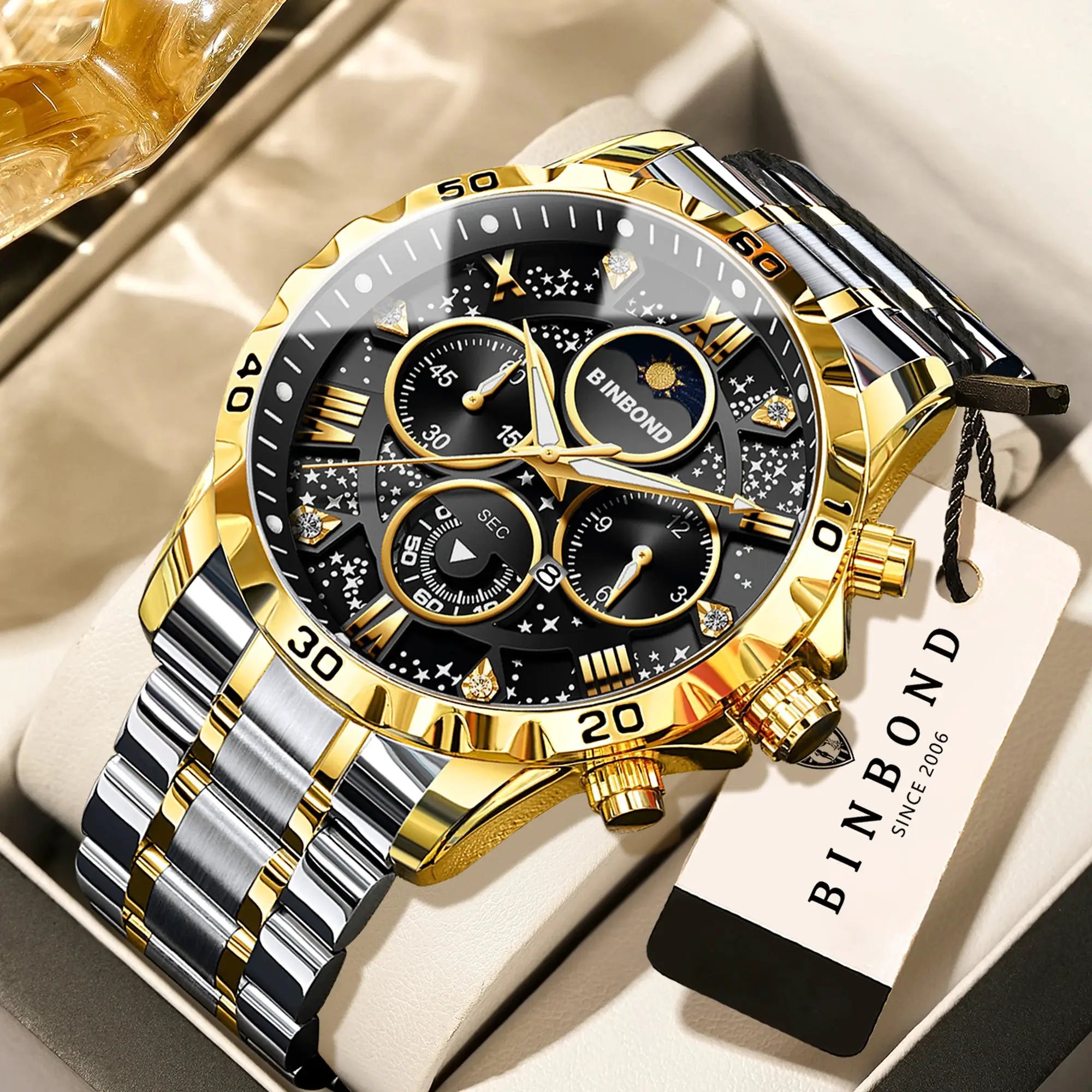 BINBOND men's luxury quartz chronograph watch; two-tone gold and silver stainless steel bracelet with black dial