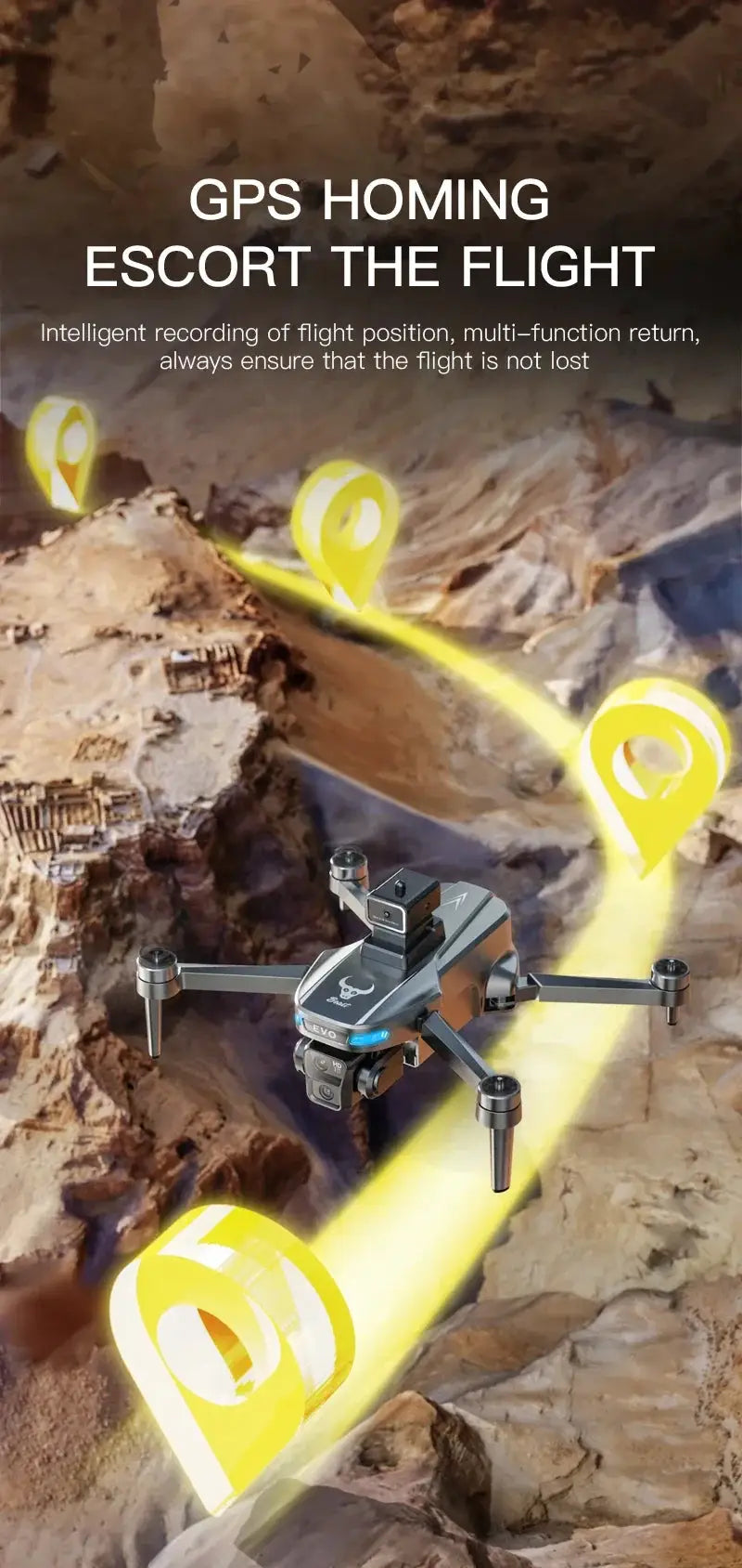 Lenovo SG901 MAX GPS Drone by Simples Market; folding brushless quadcopter in gray with camera flying over rocky canyon.