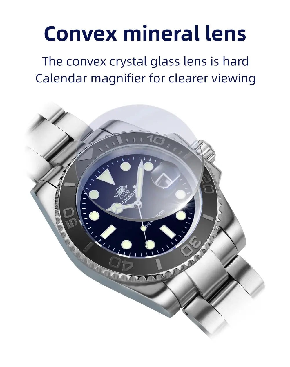 ADDIESDIVE men's quartz watch, blue dial with magnified date, stainless steel case and bracelet, 200m water resistant