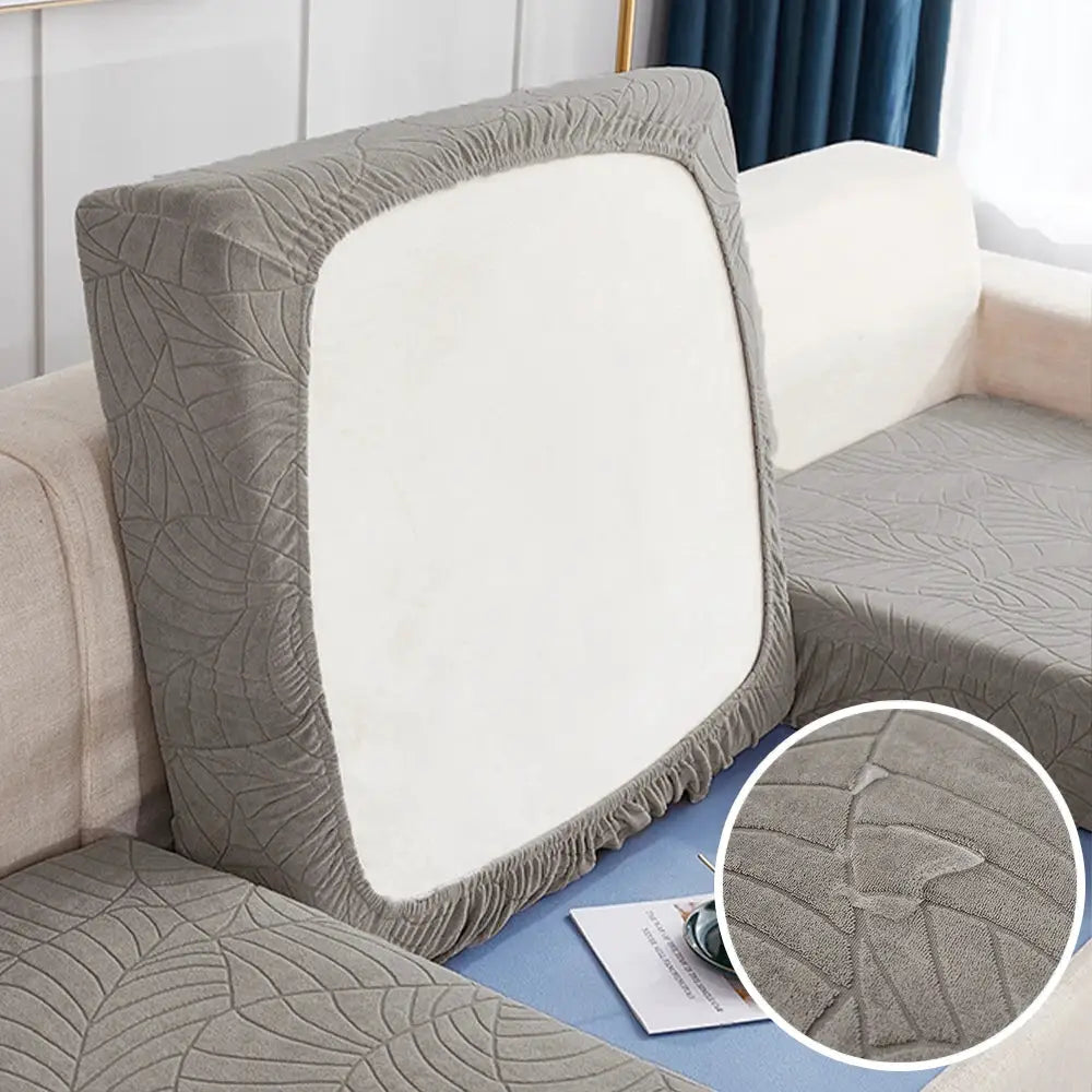 Waterproof stretch sofa cushion cover in gray jacquard fabric, removable protector for chaise lounge living room